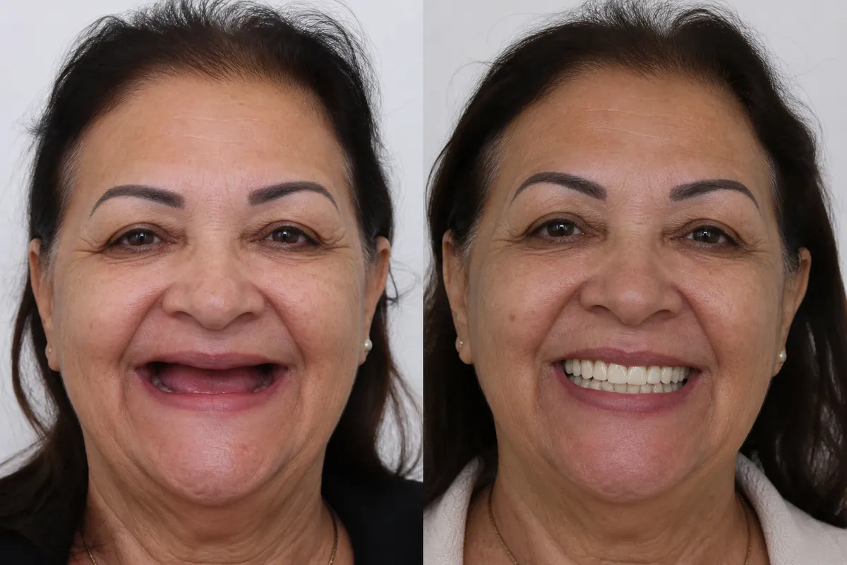Paciente antes e depois da prótese protocolo fixa sobre implantes